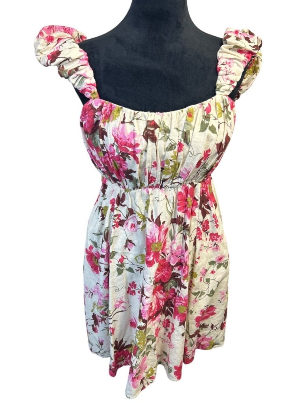 Abercrombie Floral Babydoll Dress Sz M Linen Blend Trendy Puff Sleeve Romantic - Picture 2 of 12